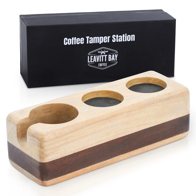 Wooden Espresso Tamping Station & Portafilter Holder – 62mm/72mm Coffee Tamper Stand with Tool Organizer – Acacia & Mango Wood Espresso Station