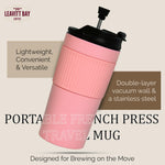 Portable French Press Travel Mug (15oz) - Stainless Steel & Double Wall Vacuum Coffee Maker | Pink