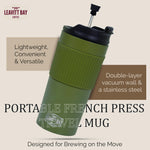 Portable French Press Travel Mug (15oz) - Stainless Steel & Double Wall Vacuum Coffee Maker | Army Green