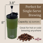 Portable French Press Travel Mug (15oz) - Stainless Steel & Double Wall Vacuum Coffee Maker | Army Green