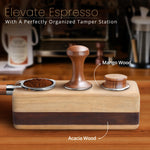 Wooden Espresso Tamping Station & Portafilter Holder – 62mm/72mm Coffee Tamper Stand with Tool Organizer – Acacia & Mango Wood Espresso Station