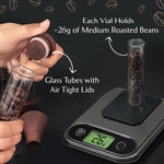 Single Dose Coffee Bean Storage Set of 8 – Glass Vials with Acacia Wood Base & Funnel – Pre-Measured Espresso Dosing Container Organizer