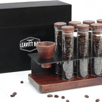 Single Dose Coffee Bean Storage Set of 8 – Glass Vials with Acacia Wood Base & Funnel – Pre-Measured Espresso Dosing Container Organizer