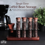 Single Dose Coffee Bean Storage Set of 8 – Glass Vials with Acacia Wood Base & Funnel – Pre-Measured Espresso Dosing Container Organizer