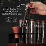 Single Dose Coffee Bean Storage Set of 8 – Glass Vials with Acacia Wood Base & Funnel – Pre-Measured Espresso Dosing Container Organizer