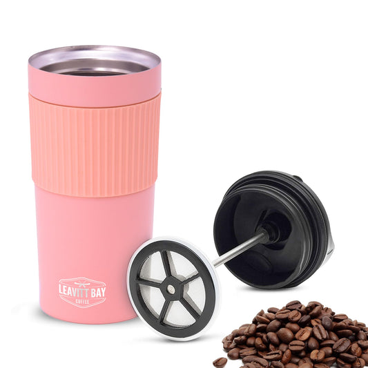 Portable French Press Travel Mug (15oz) - Stainless Steel & Double Wall Vacuum Coffee Maker | Pink