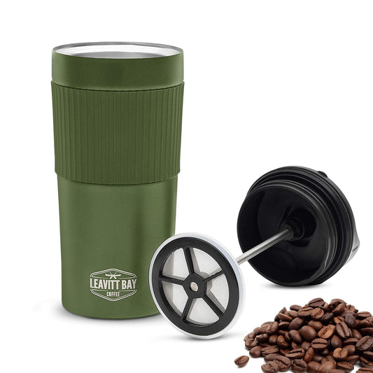 Portable French Press Travel Mug (15oz) - Stainless Steel & Double Wall Vacuum Coffee Maker | Army Green