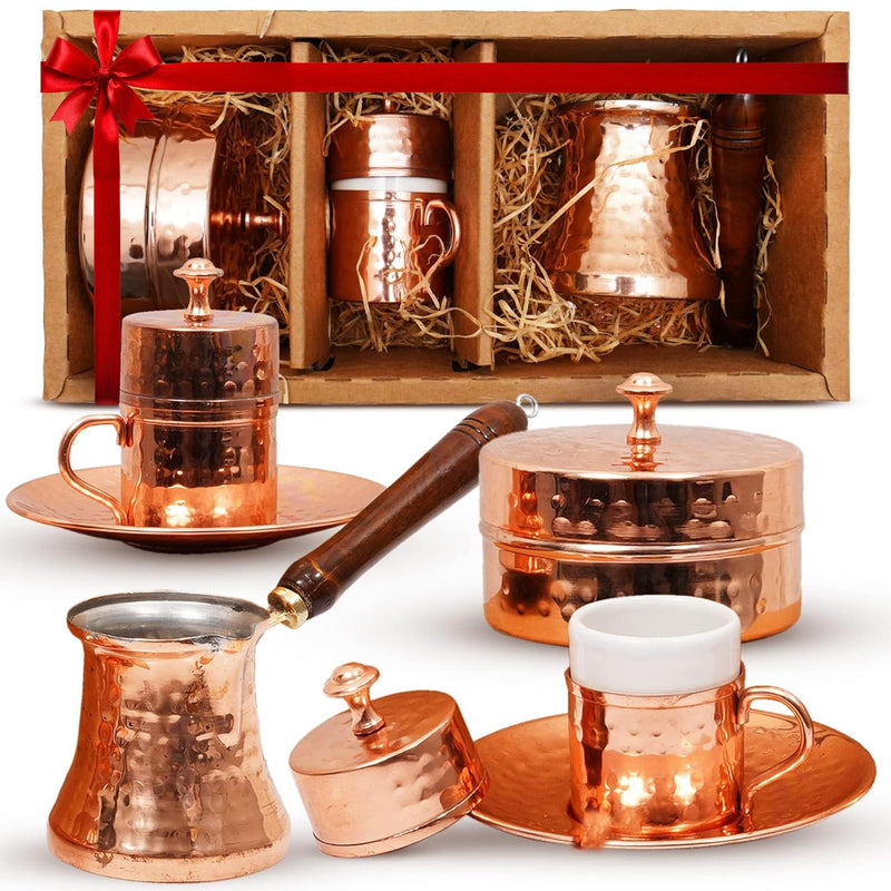 Traditional Turkish Coffee Set with Copper Cezve, 2 Cups & Sweet Dish – Handcrafted Espresso Gift Box for Coffee Lovers