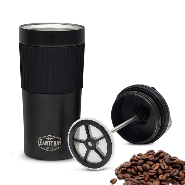Portable French Press Travel Mug (15oz) - Stainless Steel & Double Wall Vacuum Coffee Maker | Black
