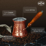 Copper Cezve Turkish Coffee Pot – 12oz Ibrik with Mango Wood Handle | Greek & Arabic Coffee Maker