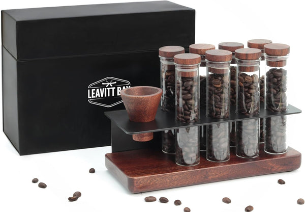 Single Dose Coffee Bean Storage Set of 8 – Glass Vials with Acacia Wood Base & Funnel – Pre-Measured Espresso Dosing Container Organizer