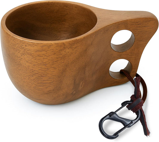 Handcrafted Light Brown Kuksa Wooden Cup - Sturdy Nordic Mug w/Leather Lanyard, Carabiner for Easy Carry - Light-Weight & Easy Grip Kuksa Wooden Cups for Drinking Coffee, Tea - Unique Coffee Gifts