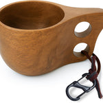 Handcrafted Light Brown Kuksa Wooden Cup - Sturdy Nordic Mug w/Leather Lanyard, Carabiner for Easy Carry - Light-Weight & Easy Grip Kuksa Wooden Cups for Drinking Coffee, Tea - Unique Coffee Gifts