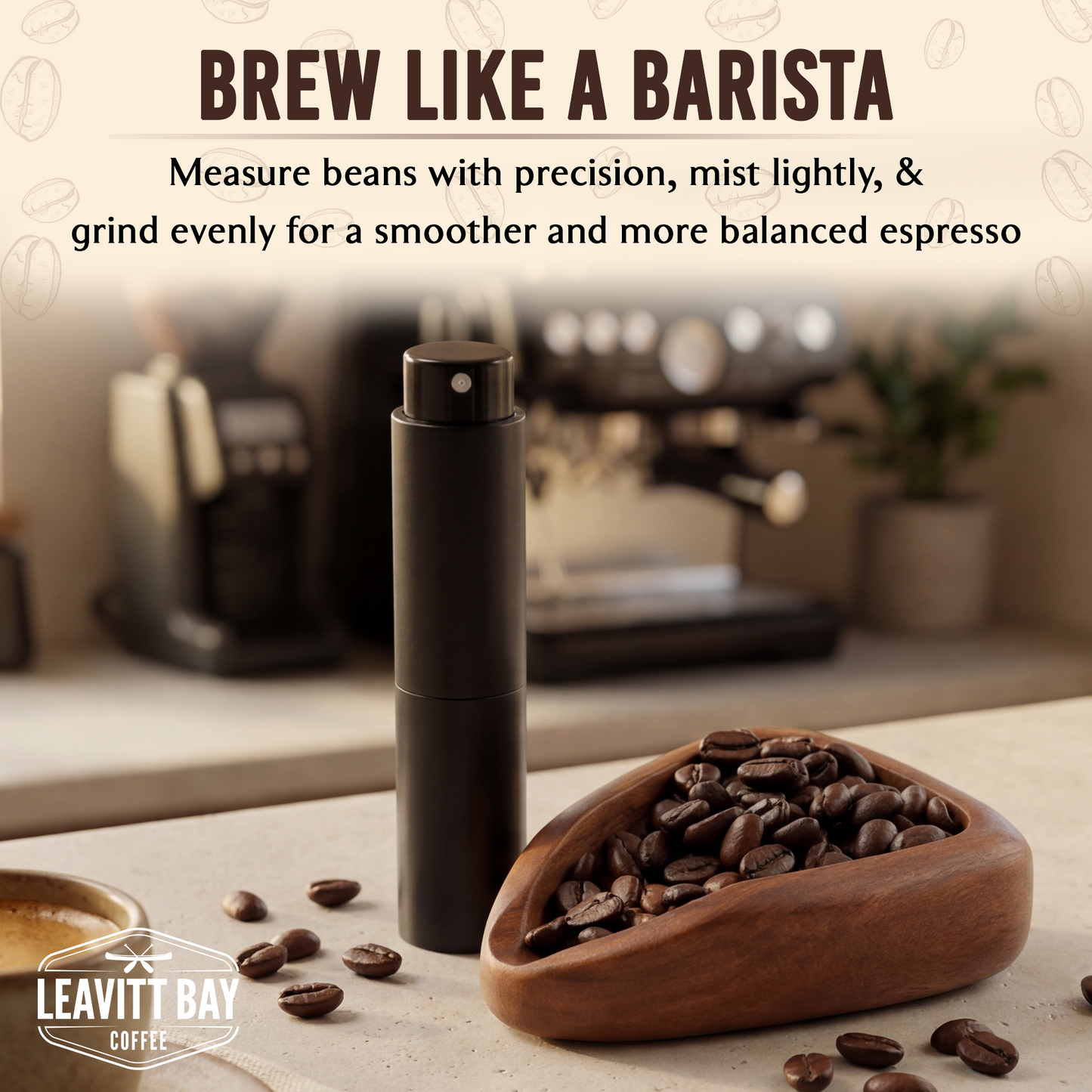 Leavitt Bay Coffee Dosing Cup with Spray Bottle (8 oz) – Handcrafted, Durable Mango Wood Dosing Cup - Lightweight, Refillable Coffee Bean Spray - Espresso Brewing Kit for Baristas, Coffee Lovers