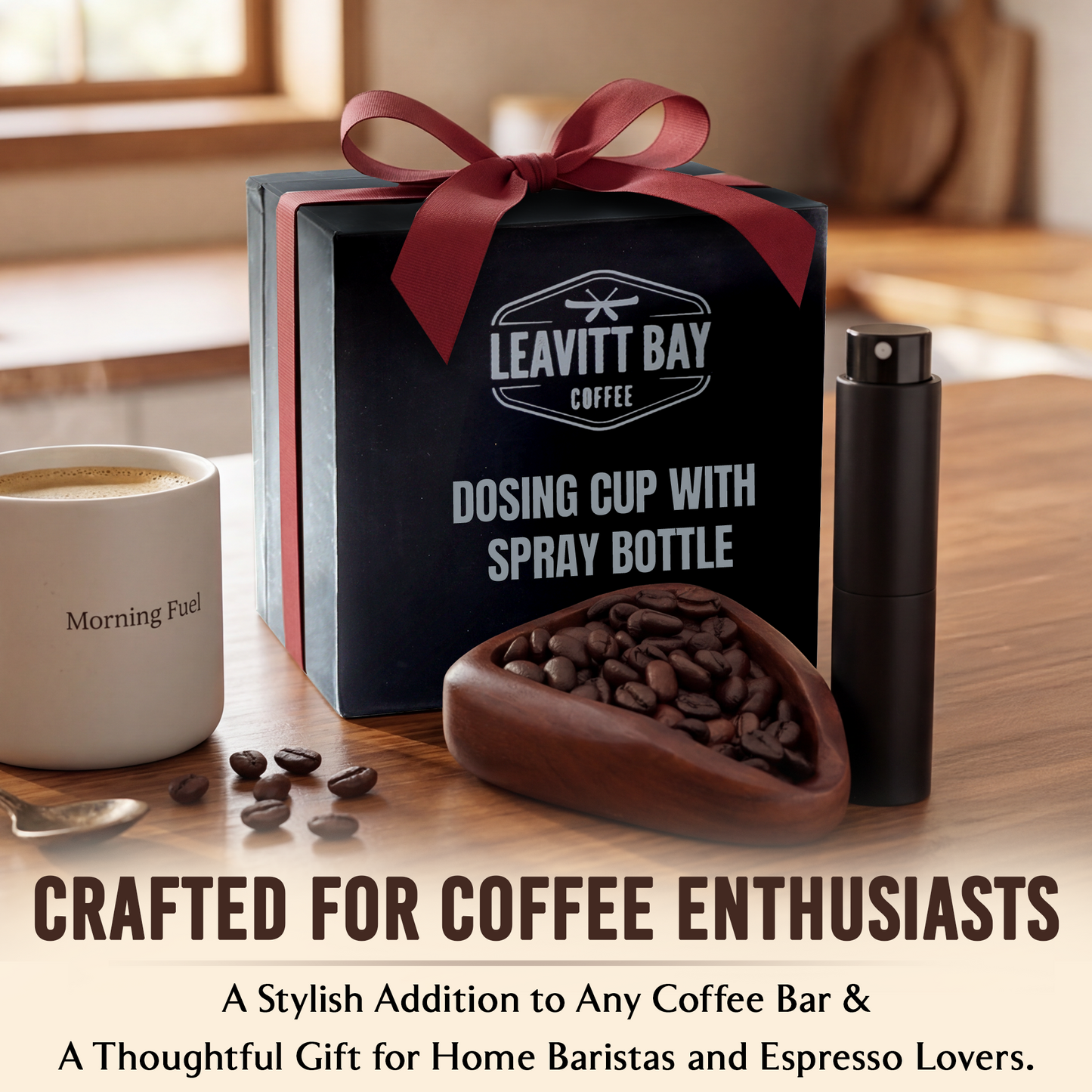 Leavitt Bay Coffee Dosing Cup with Spray Bottle (8 oz) – Handcrafted, Durable Mango Wood Dosing Cup - Lightweight, Refillable Coffee Bean Spray - Espresso Brewing Kit for Baristas, Coffee Lovers